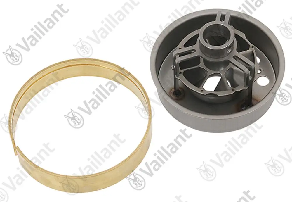Vaillant Bauteile bestehend aus einem runden grauen Halter mit Innenteilen und einem goldfarbenen Ring, die zusammen eine Luftdüse für Heizsysteme bilden.